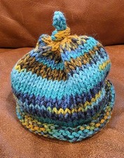 Handcrafted Blue Brown 3 Month Baby Winter Beanie Hat Rolled Bottom Outdoors