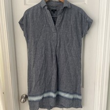 Talbots 100% Linen Blue Striped Shift Dress sz Small petite V Neck Coastal Vaca 