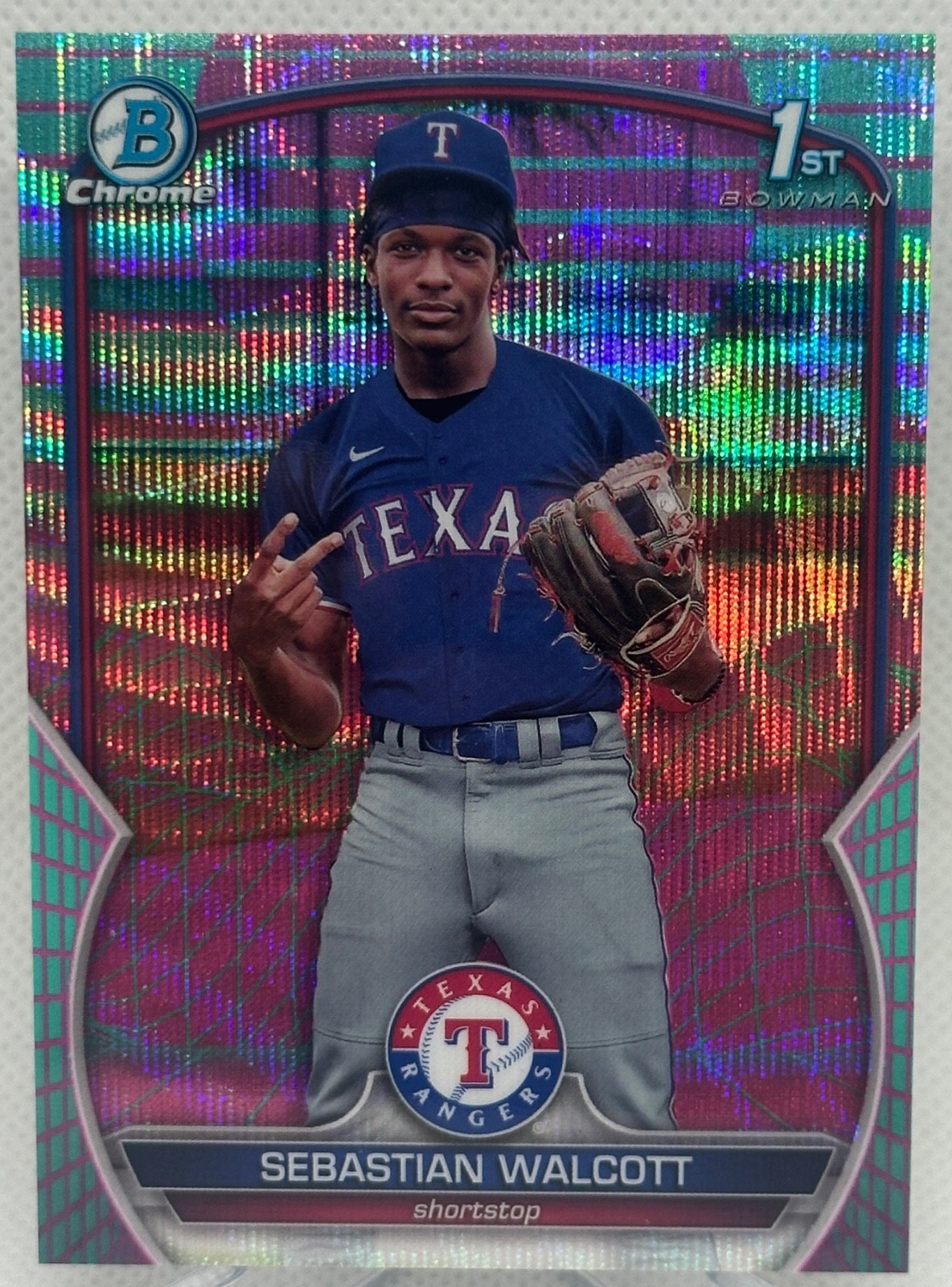 2023 1st Bowman Chrome Sebastian Walcott Aqua Pink Vapor /125 Rangers