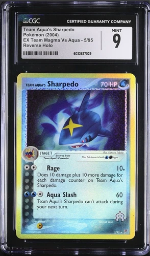 CGC 9 MINT Team Aqua's Sharpedo 5/95 EX Magma vs Aqua Reverse Holo 2004 Pokemon