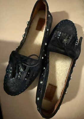 Coach Moccasin Black Suede Leather Studded Dyed Shearling Sheep Fur Flat Shoes 9