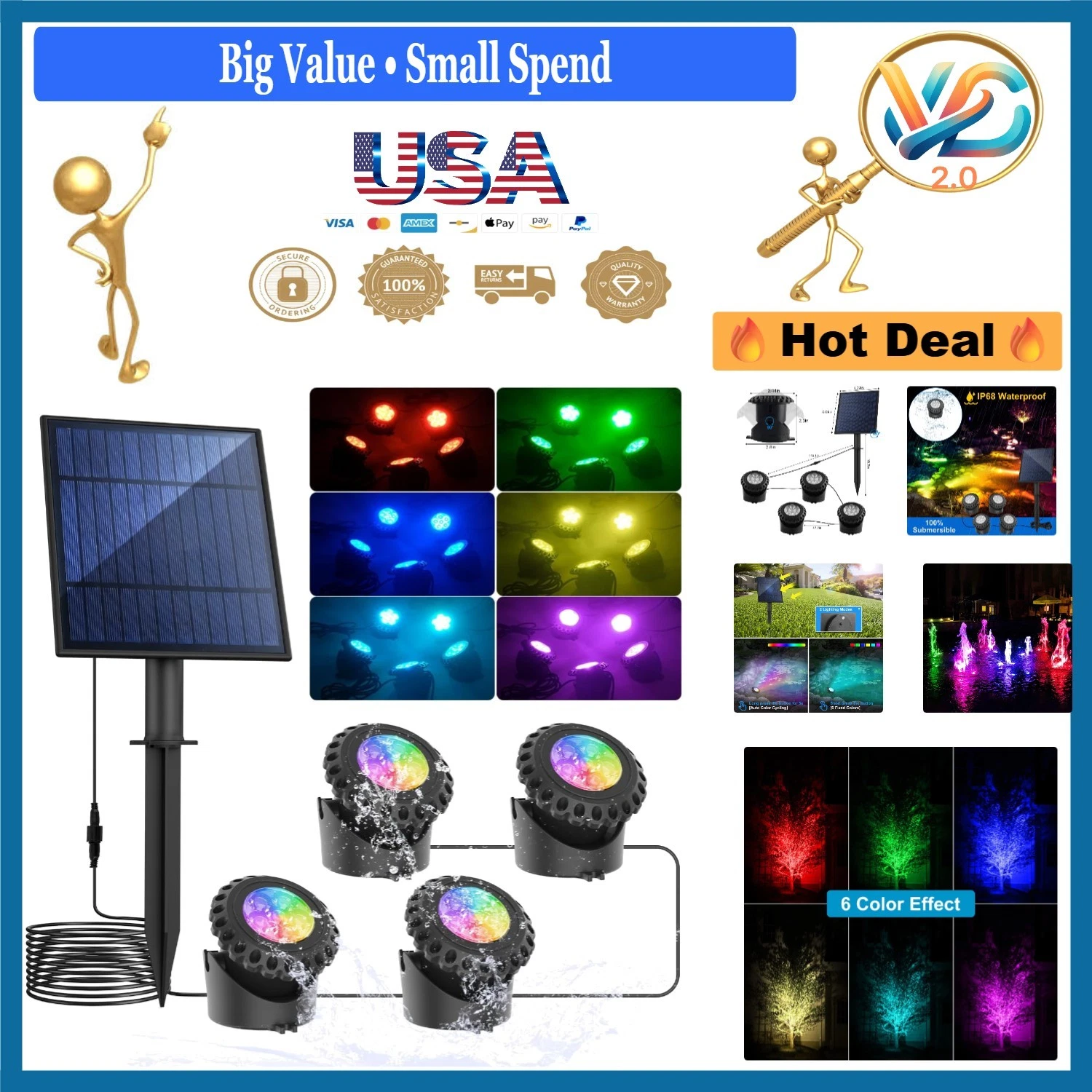 Super Bright RGB Solar Pond Lights 4 Pack Waterproof Underwater Garden/Pool L...