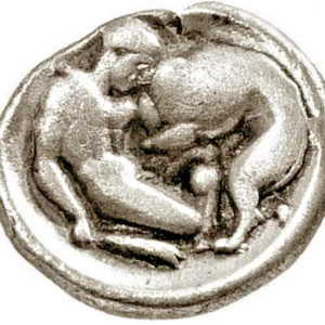 HERAKLES Wrestling the Nemean Lion/ATHENA helmeted 325 BC Tarentum Calabria Coin