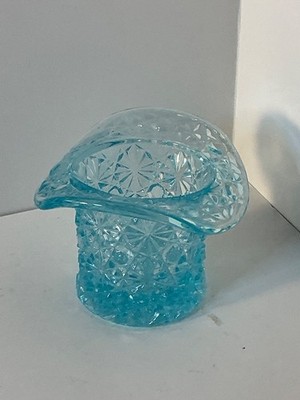 vintage Fenton Daisy and Button blue top hat glass  toothpick holder 2 1/2 
