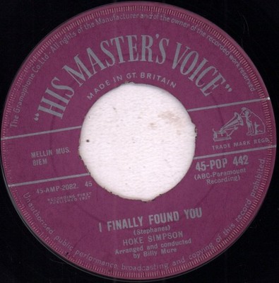 Hoke Simpson I Finally Found You 7'' vinyl UK His Master's Voice 1958 label