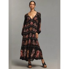 Farm Rio Chenille Flowers Long Sleeve Maxi Dress Embellished Chains Small