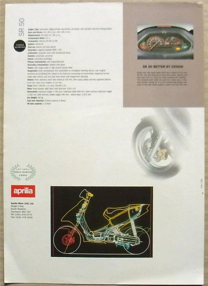 APRILIA SR50 SCOOTER Sales Specification Leaflet For 1995 #17/95 - Image 2 of 2
