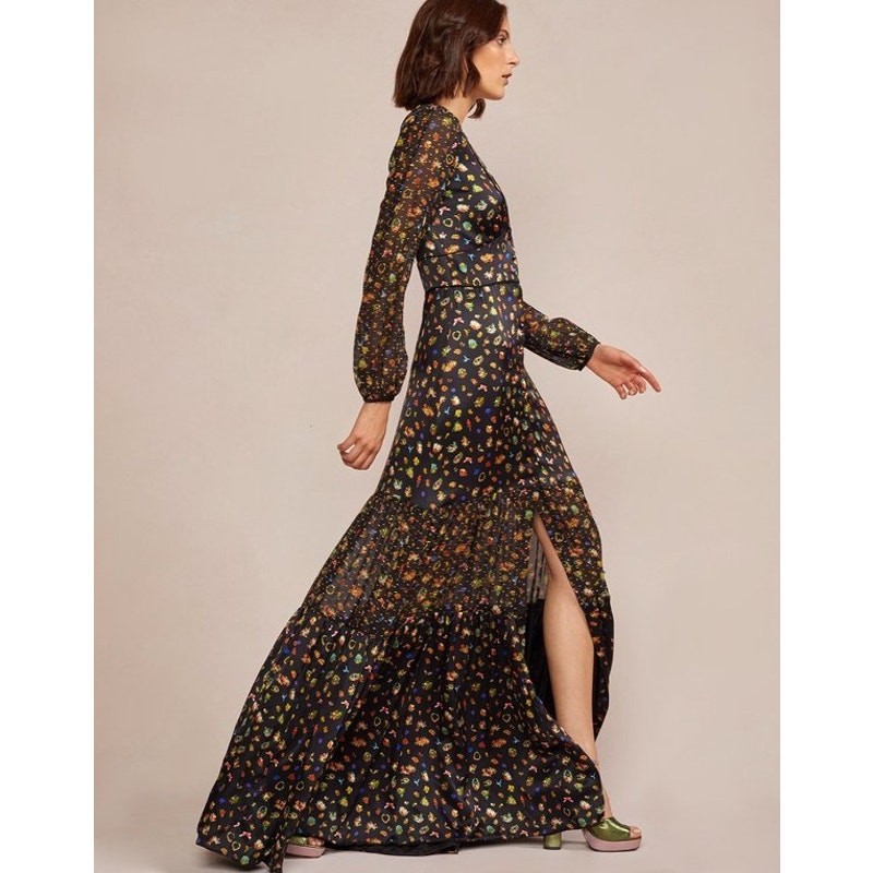 Cynthia Rowley Caroline Tiered Maxi Dress ditsy floral silk black size 8 medium