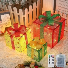 Set of 3 Christmas Lighted Gift Boxes Warm White Present Boxes Home Decorations