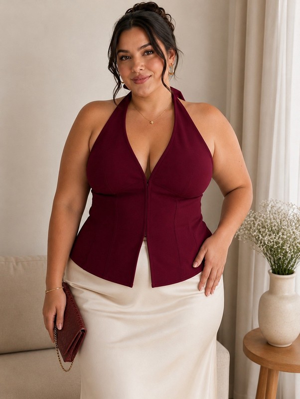 Sz XL Burgundy Corset Halter Top – Deep V Neck Y2K Going Out Top