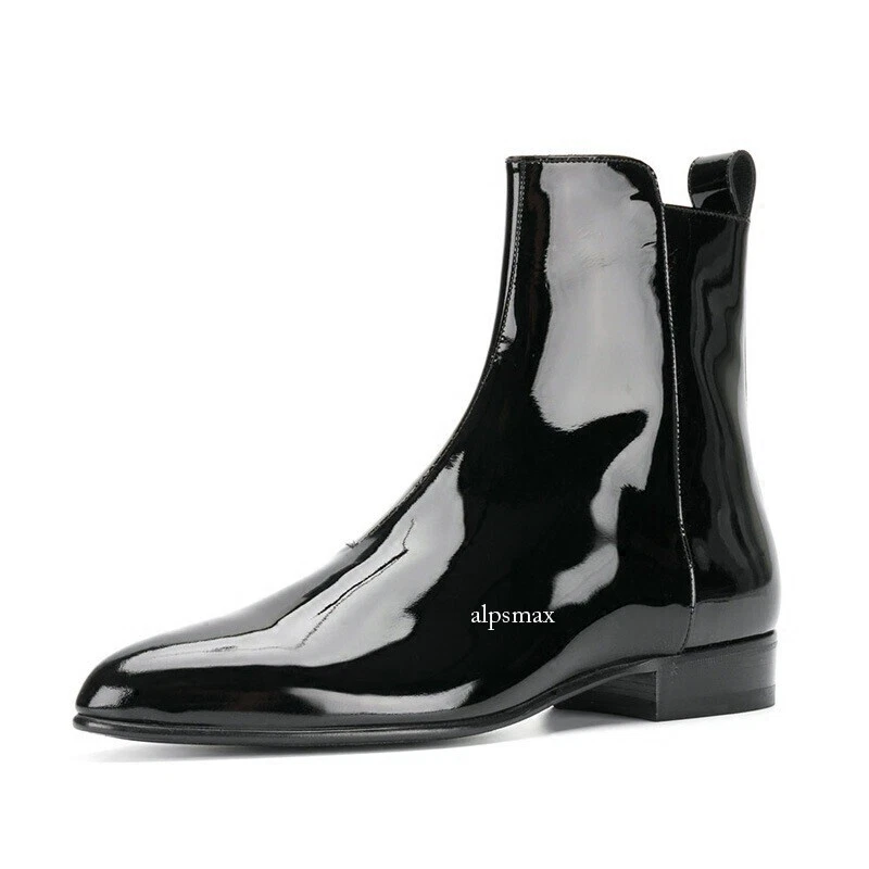Stylish Mens Patent Leather Side Zipper Real Leather Ankle Boots Western Boots - Image 3 of 4