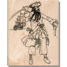 Mounted Rubber Stamp, PIRATE AND SHIP, Boat,Sea,Treasure, Halloween,Costume,Man