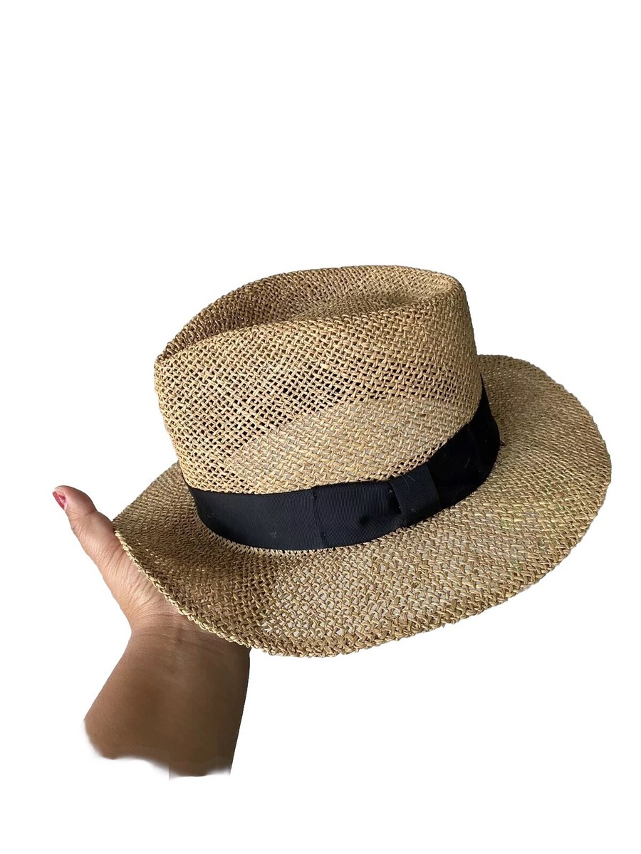 Vintage Nordstrom Straw Black Grosgrain Ribbon Fedora Hat | eBay
