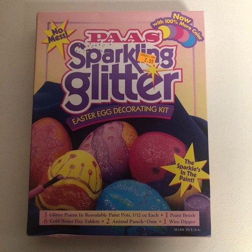 PAAS Egg Color Set box with glitter patch colors, blue/pink egg molds, and bold “Sparkling in the Paint!” text.