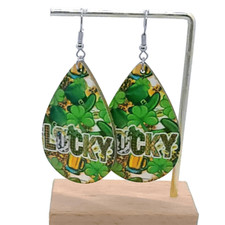 New LUCKY Green Shamrock St Patrick's Day Wood Earrings Dangle Teardrop Jewelry