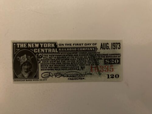 Août 1973 THE NEW YORK CENTRAL RAILROAD CO.* {VIGNETTE} 20$ COUPON CAUTIONNEMENT 120 - Photo 1 sur 2
