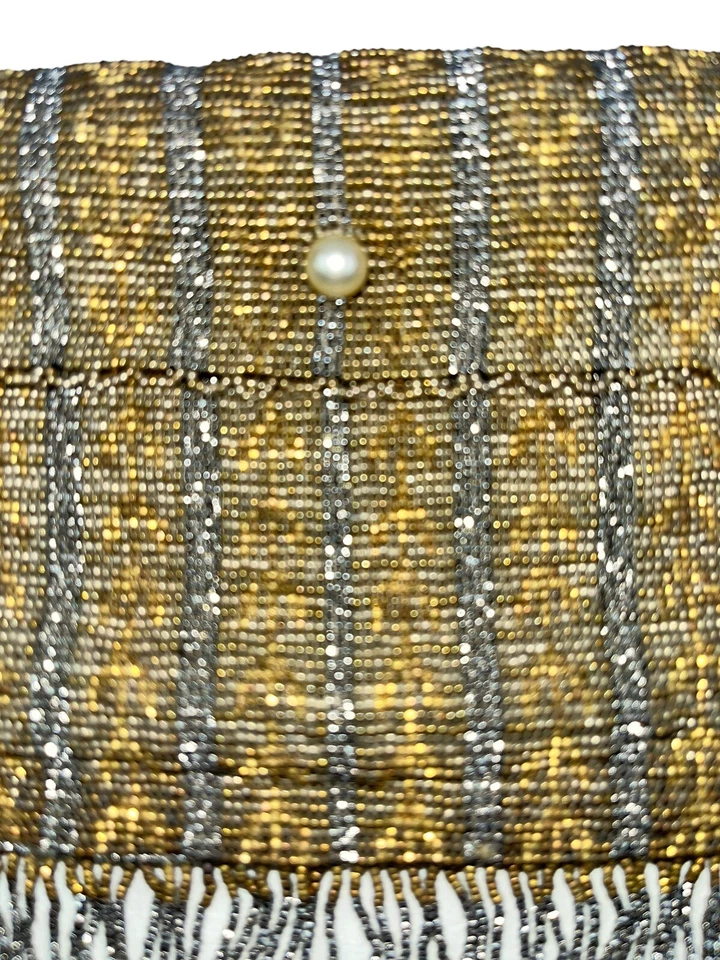 Старинный золотой серебряный металлический микро бисер сумочки Saks Нью-Йорк Франция с монета коробка и письмо - Изображение 4 из 4