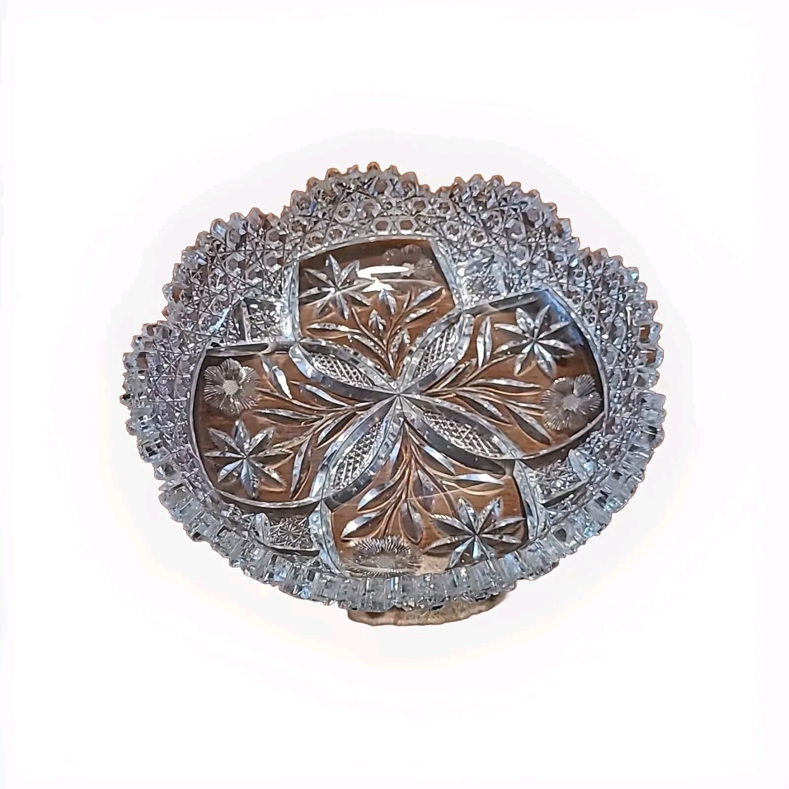 Antique American Brilliant Cut 9in Bowl 4 Leaf Floral/Flowers 3in Deep