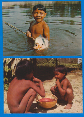set of 2 postcards, child boy indian fishing, Xingu Uaiká, Amazonas Brazil 1970s