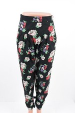 Zara Floral Print Trousers Pants Small S Black Multi High Waisted Tie Hem NWT