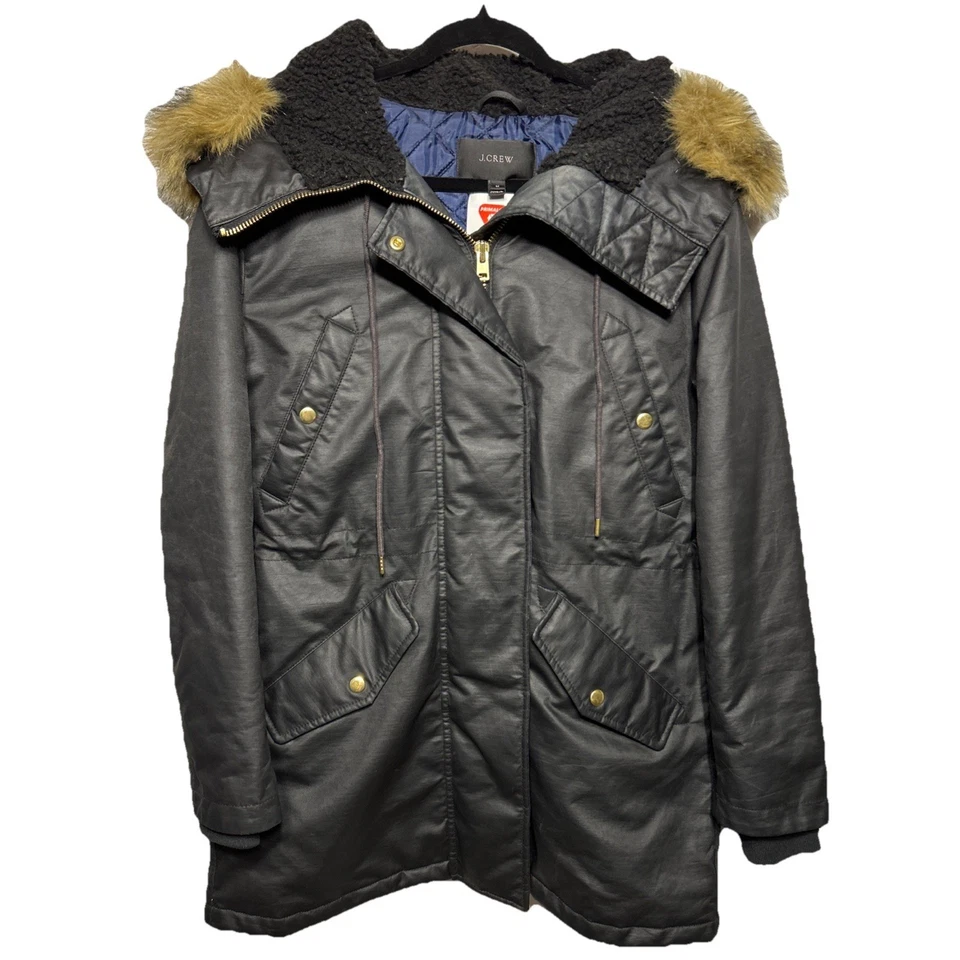 Parka de invierno J.Crew Perfect abrigo ecológico negro capucha de piel sintética para mujer talla M Foto 2 de 4