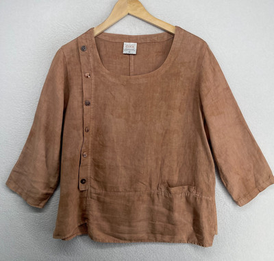 CLICK BY COLOR ME COTTON Top L Cotton Lagenlook Button 3/4 Sleeve Terracotta USA