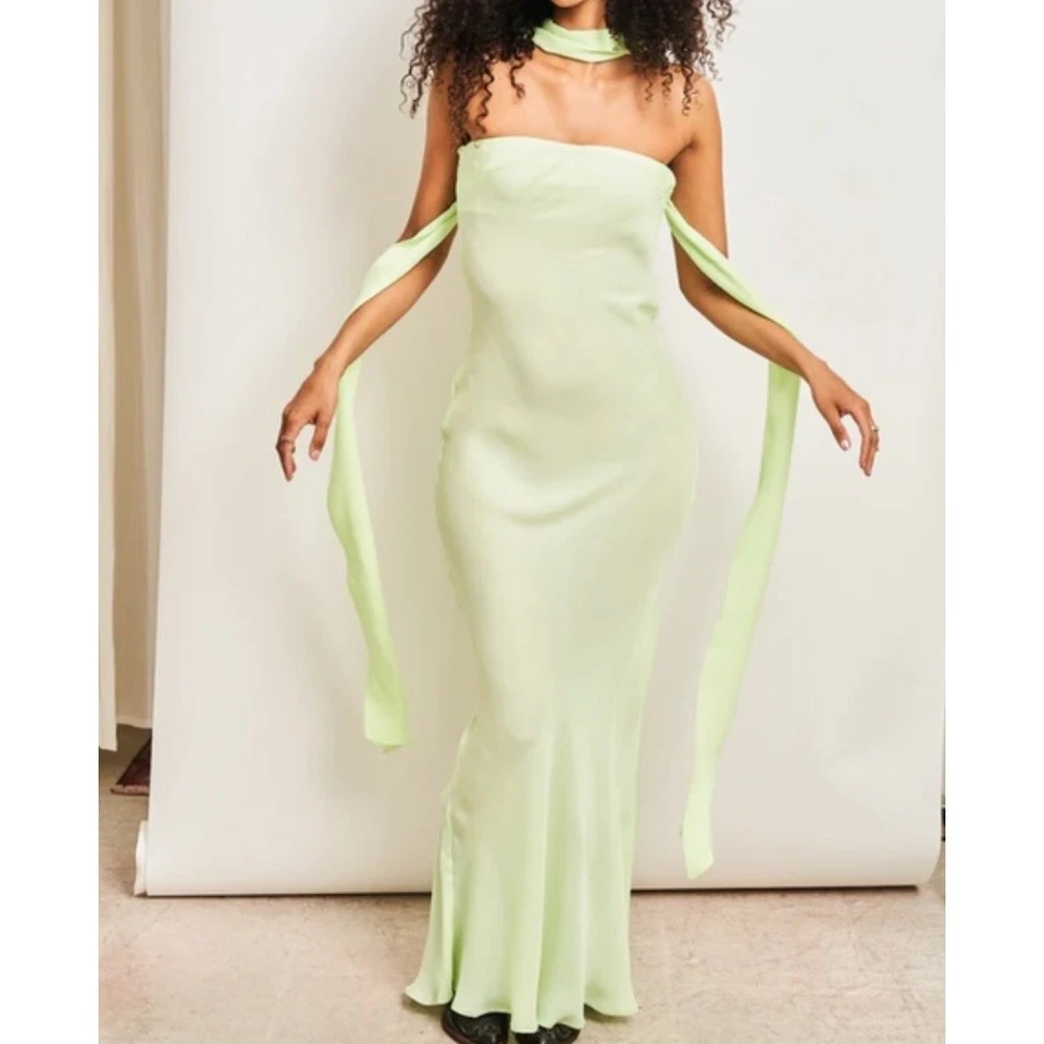 Women's Dana Foley NYC Strapless Long Maxi Tie Tube Blue Green Evening Gown sz M - Image 2 of 4