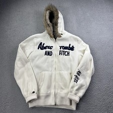 Abercrombie Fitch Full Zip Sweatshirt Hoodie Fur Y2K Size XL White Distressed