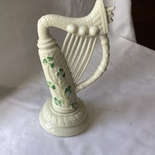 Beleek Ireland Porcelain Irish Harp Figurine-Shamrock Design-Third Green Mark