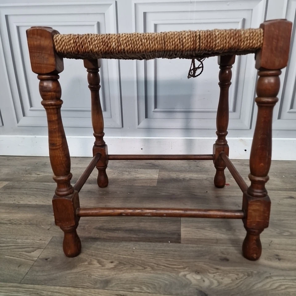 Retro Vintage Solid Wooden Turned Rush Rope Top Foot Stool Rest Seat - Image 3 of 4