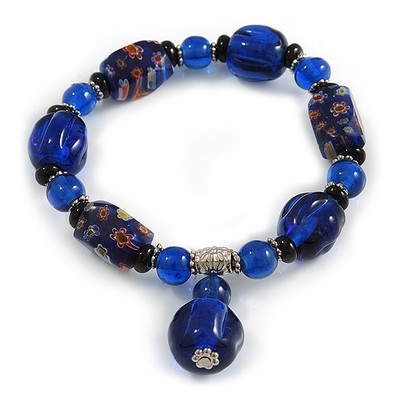 Blau/schwarz Glas und Keramik Perlen Bettel Flex Armband - 19 cm lang