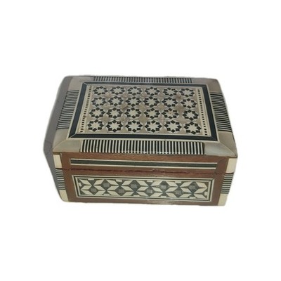 Vintage Damast Intarsien Mosaik Schmuckkästchen Knochen Perlmutt 9 cm