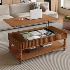Vintage 2-Tier Lift Top Coffee Table  with Hidden Compartment & Solid Wood Legs