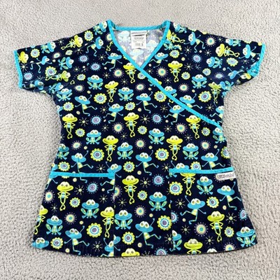 Uniform Advantage Womens Short Sleeve V Neck Scrubs Top Frog Print Blue Size XS