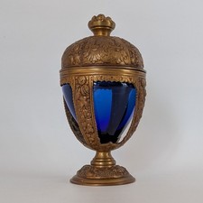 Vintage Jennings Brothers 8.5" Chalice Vessel With Cobalt Blue Glass Insert 2221