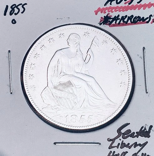 1855-O  “ARROWS”  GEM AU+++  KEY DATE!  SEATED LIBERTY HALF DOLLAR.