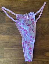 Vintage Delicates Chiffon String Thong Panties Pink Ruffle Sheer Mesh S 32-34