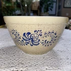 Vintage Pyrex Bowl Homestead 401 Blue Design Tan Small 1 1/2 Pint 1970s