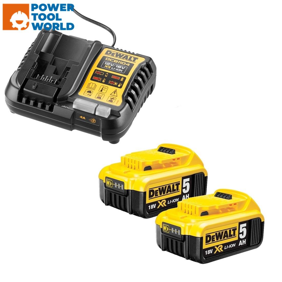 DEWALT DCB184 5.0ah 18v XR Lithium Ion Battery Twin Pack + DCB1104 Charger