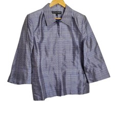 Kasper  Company Blue Metallic Zip Up 100 Silk Casual Blazer Size 14