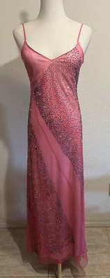 VTG BCBG Max Azria Pink Maxi Slip Dress Y2K Beaded Sequin Mesh Overlay Barbiecor