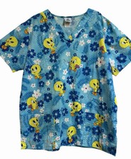 Baby Looney Tunes Tweety Bird Floral V-Neck Scrub Top Women s M Blue 100 Cotton