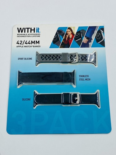 WITHit Bands for 42/44MM Apple Watch Bands 3 Pack Black Silver Stainless Mesh