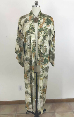Vtg Rayon Kimono Robe Duster Festival Boho Resort Pagodas Flowering Trees S/M