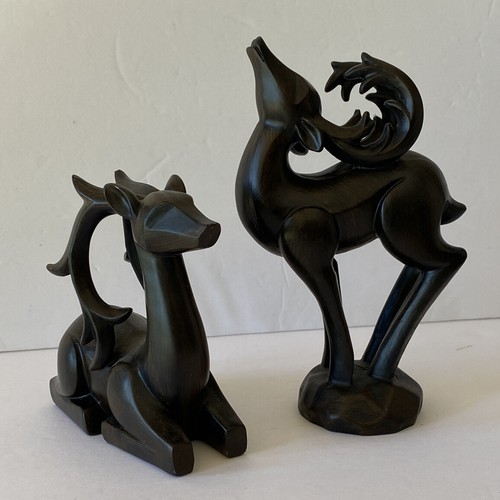 VTG EBONY WOOD HANDCARVED Reindeer Deer Gisele ANIMAL FIGURINES Set Of 2 - Picture 9 of 11