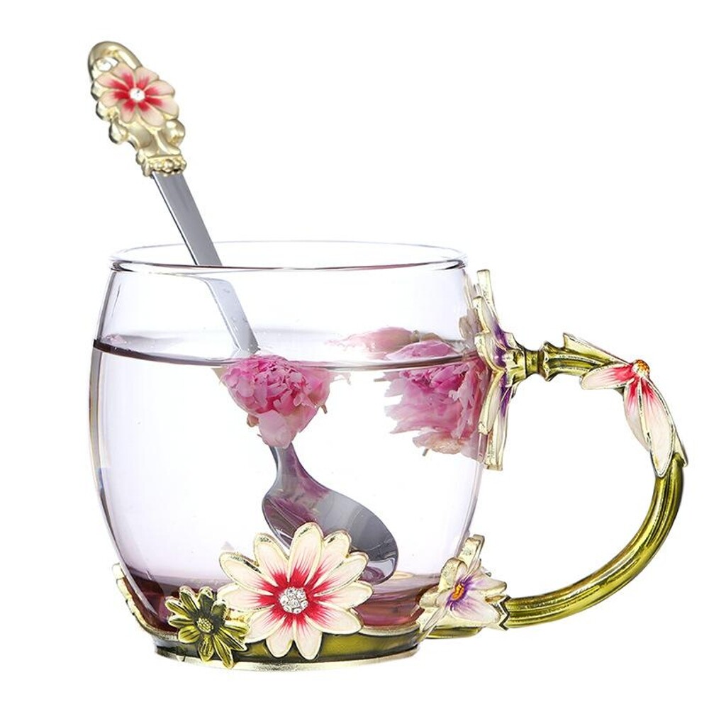 Enamel Glass Flower Tea Cup Coffee Mug Cups + Spoon Set Box Party