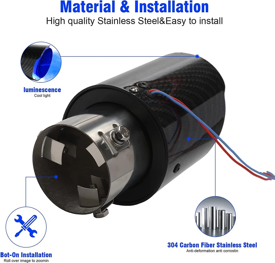 Tubo de escape luminoso LED modificado para automóvil de 2,5"" punta trasera fibra de carbono curvado Foto 3 de 4