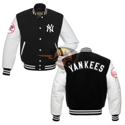 New York Yankees Black Varsity MLB Jacket With White Cowhide Leather Sleeves
