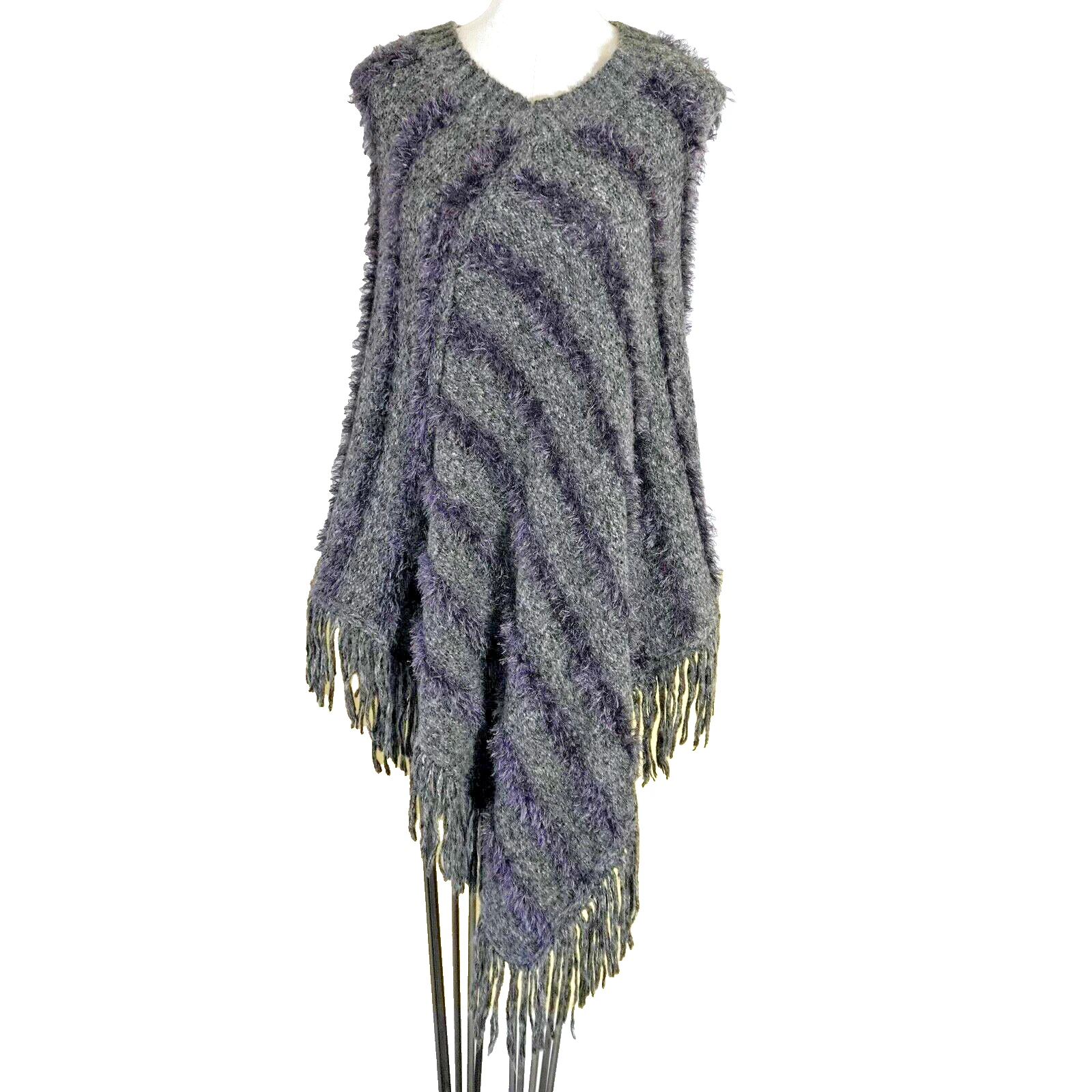 Poncho Cape Sweater Sz Lg Fringe Gray Grey Purple Eyelash Trim V Neck Lagenlook