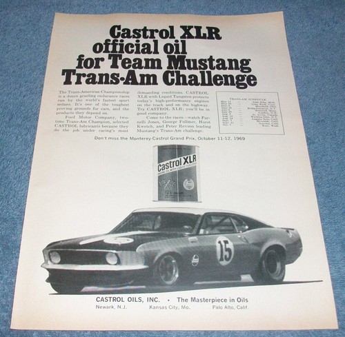 1969 Castrol Motor Oil Vintage Ad with Boss 302 Mustang Trans Am Race Car